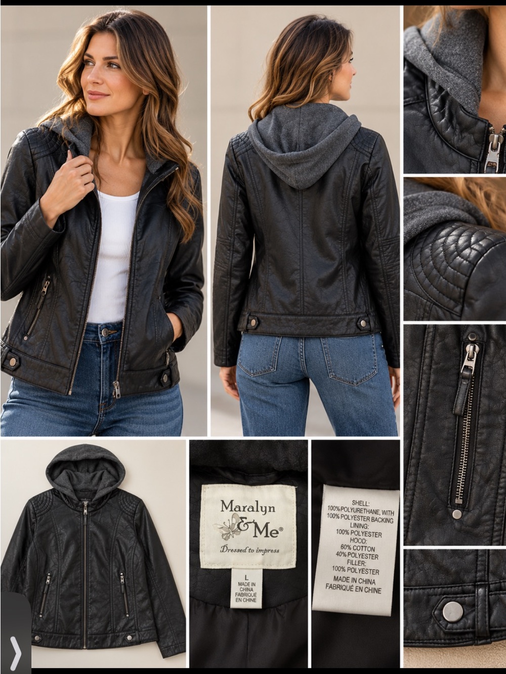 Maralyn & Me Black Faux-Leather Jacket with Gray Hood